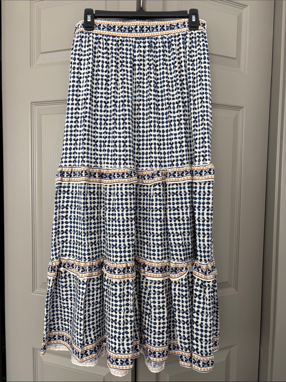 Max Studio Navy and White Tiered Maxi Skirt with Gold Trim